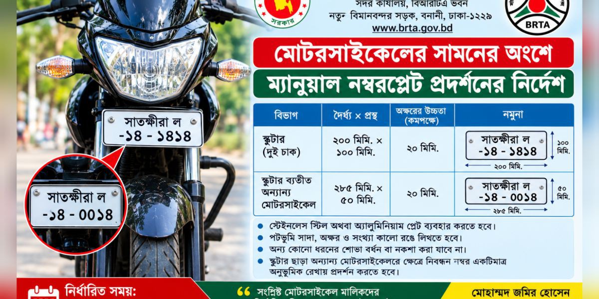 সাতক্ষীরায় মোটরসাইকেলের সামনে ম্যানুয়াল নম্বরপ্লেট লাগানোর আহ্বান বিআরটিএর..